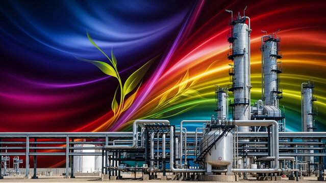 Vibrant abstract colors illuminate a modern chemical processing plant, symbolizing innovative energy solutions and environmental consciousness in industrial technology