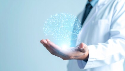 Doctor holds glowing brain illustration
