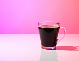 Hot dark coffee in glass mug, vivid light