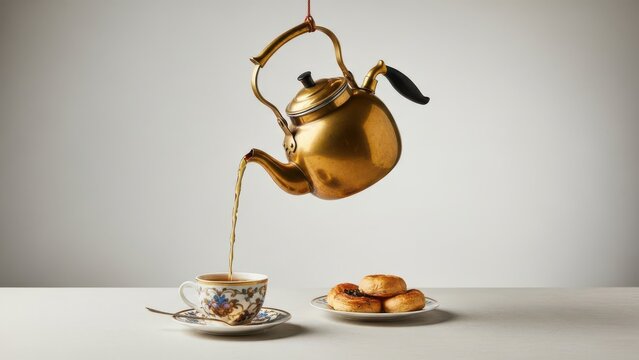 Golden teapot pouring tea, isolated on transparent background