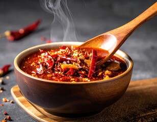 Spicy chili oil noodle bowl, steam rising