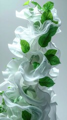 Flowing white fabric with green leaves