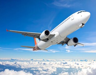 White passenger jet soaring through vibrant blue sky above clouds