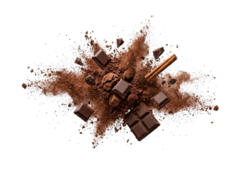 Chocolate pieces exploding in cocoa powder cloud with cinnamon. Sweet ingredient splash.