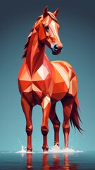 Red Low Poly Horse Standing and Running in Water Geometric Polygonal Animal Art Landscape_3