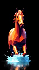 Red Low Poly Horse Standing and Running in Water Geometric Polygonal Animal Art Landscape_11