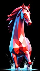 Red Low Poly Horse Standing and Running in Water Geometric Polygonal Animal Art Landscape_10