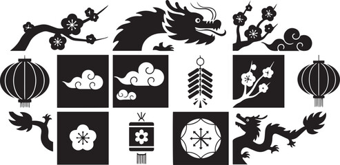 Obraz premium Modern Chinese New Year Icon Set in Grid Layout, Dragon Silhouette, Lantern, and Cloud Elements, Traditional Lunar New Year Graphic Symbols, Black and White Vector Art Bundle.