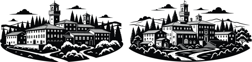 Fototapeta premium Tuscan countryside villages with roads and cypresses, scenic Italian landscape in silhouette style