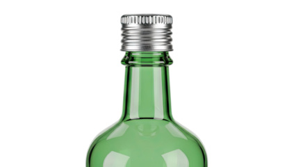Close-up of a green glass bottle with a silver screw cap