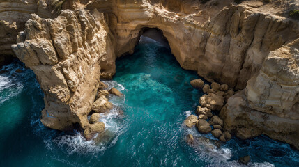 Dramatic sea cave carved into rugged cliffs with turquoise water crashing against rocks.