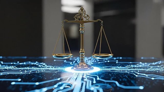 Golden Scales of Justice on Blue Glowing Circuit Board Background