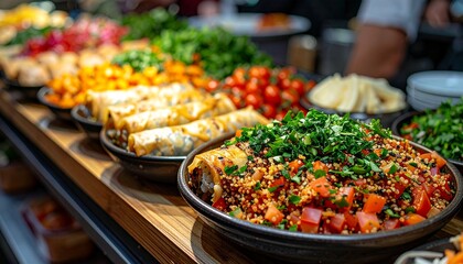 Fototapeta premium A vibrant and fresh assortment of Middle Eastern dishes, including tabbouleh, spring rolls, and fresh vegetables