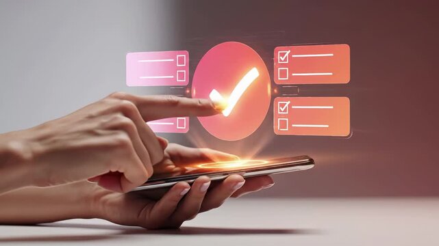 Mobile task management with holographic checklist interface and verification checkmark. Digital productivity app on smartphone for business organization and workflow planning. Modern technology