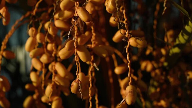 Macro shot of yellow dates ripening on a palm tree during sunset in Lanzarote. Warm light illuminates the clusters of fruit and green fronds.