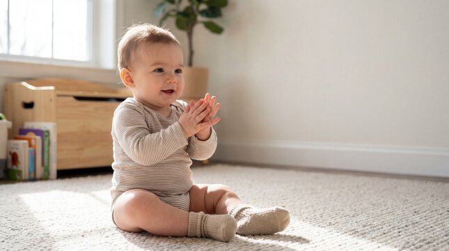 Joyful baby clapping hands while sitting on carpet indoors
