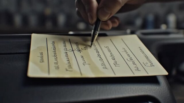 Close-up of hand signing important document with pen on desk