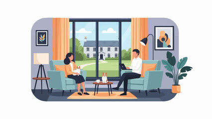 Fototapeta na wymiar A couple relaxes with their dogs in a cozy living room, overlooking a grand mansion through a large window