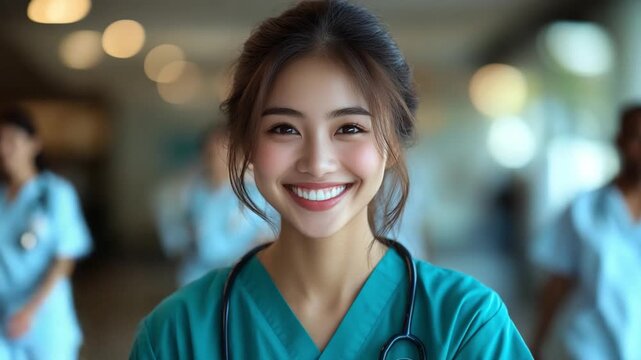 Smiling Nurse in the Hallway: A friendly and compassionate nurse radiates positivity, her warm smile a beacon of hope in a hospital hallway setting.