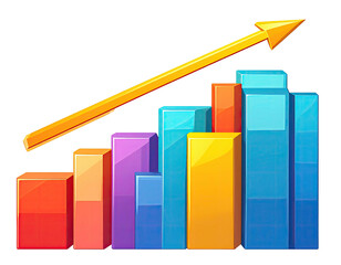 Colorful bars grow, shown with an upward golden arrow