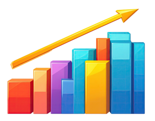 Colorful bars grow, shown with an upward golden arrow