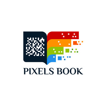 Pixels Book Logo Design with QR Code and Colorful Pixels.