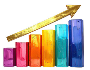 Colored bar chart with gold arrow pointing upward