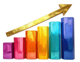 Colored bar chart with gold arrow pointing upward