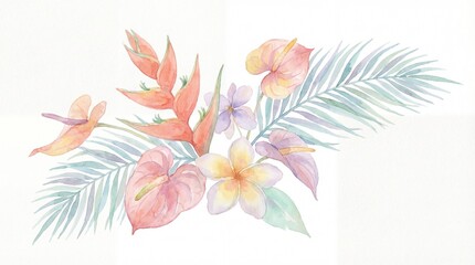 Delicate watercolor illustration featuring a vibrant tropical flower arrangement with exotic blossoms and lush palm leaves, perfect for elegant designs and serene artistic projects