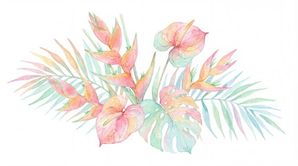 Soft pastel watercolor illustration featuring a beautiful arrangement of exotic tropical flowers and lush palm leaves, perfect for vibrant design projects
