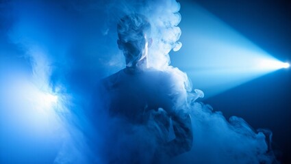 Abstract stage scene featuring blue cinematic smoke, dramatic spotlight beams, dark atmosphere, and a solitary man standing centered, creating mysterious mood for performance, photography, film, adver