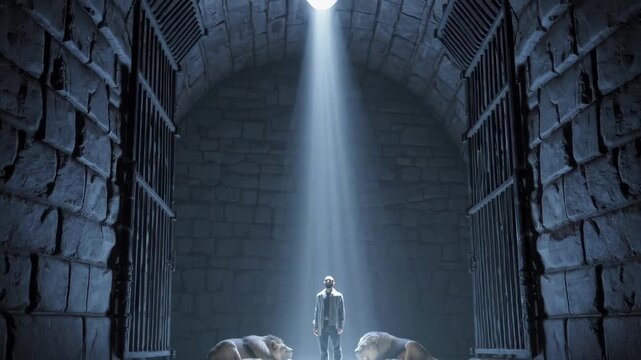 Daniel stands unharmed among resting lions in a moonlit den, conveying calm faith and protection.