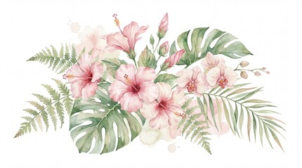 Elegant watercolor tropical floral arrangement showcasing vibrant pink hibiscus, delicate orchids, and lush green foliage, ideal for serene summer botanical designs