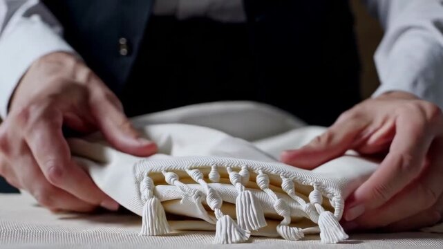Hands fold a white prayer shawl with care, highlighting texture, respect, and tradition.