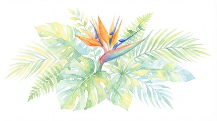 Watercolor tropical floral bouquet illustration featuring exotic bird of paradise flower and lush green palm leaves, perfect for summer designs and invitations
