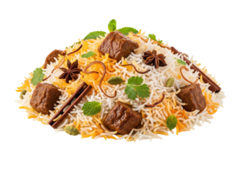 spiced meat and rice dish with cinnamon sticks and herbs