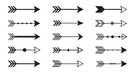 Set of black tribal arrows illustration with different feathers points and decorative elements on shaft isolated © Nayan Arts