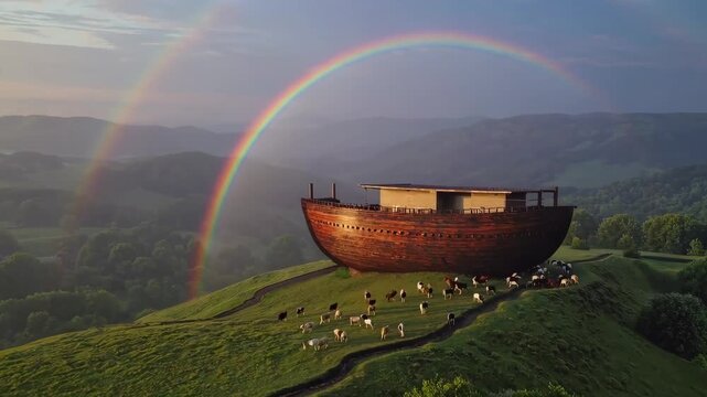 Hopeful scene after the flood with a rainbow over the ark as animals emerge, symbolizing renewal.