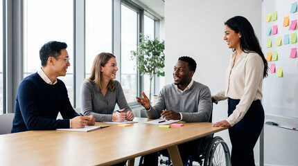 A diverse and inclusive business team with a person in a wheelchair brainstorming creative ideas together in a modern office meeting.
