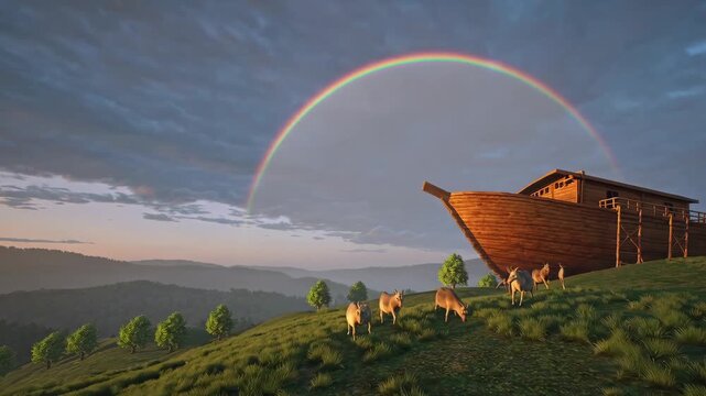 Hopeful scene after the flood with a rainbow over the ark as animals emerge, symbolizing renewal.