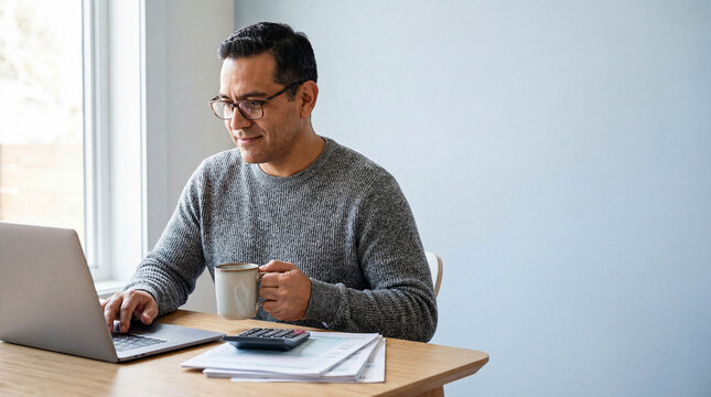 Middle-aged Hispanic man wearing glasses filing taxes online on a laptop at his modern home office desk with a calculator.