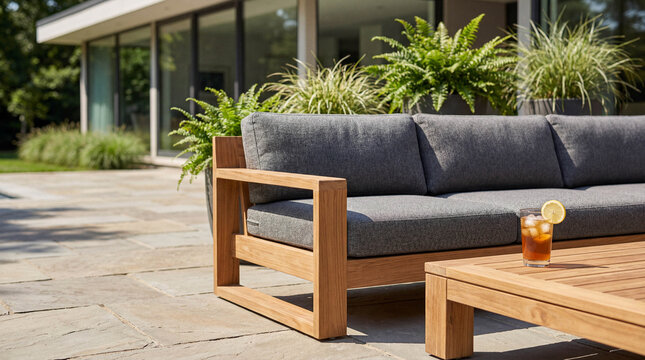 Luxury outdoor patio furniture set with a modern teak wood sofa and table, with a refreshing iced tea on a sunny backyard terrace.