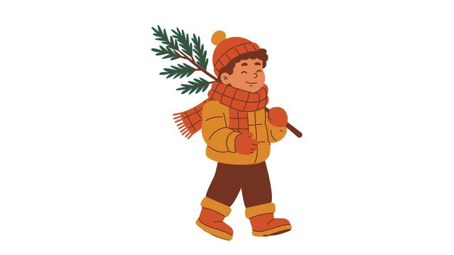 A Boy Happily Walking And Bringing A Christmas Tree Branch