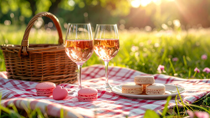 Romantic Sunset Picnic with Rose Wine and Macarons in Summer Meadow