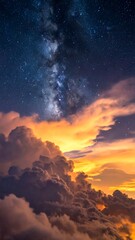 Naklejka premium A breathtaking celestial scene with a vibrant orange sunset behind dark clouds and the Milky Way visible in a starry night sky