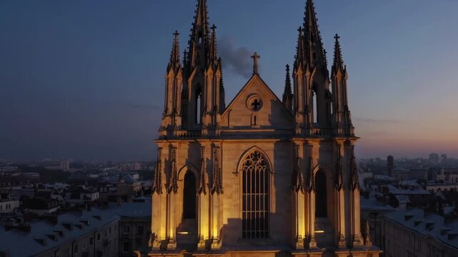 Aerial sunrise view of a cathedral roofline as the city awakens, highlighting timeless architecture.
