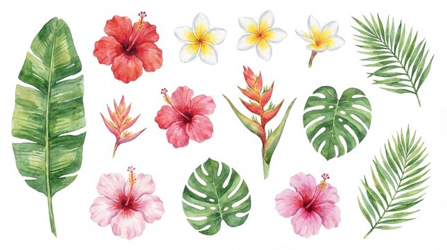 Vibrant watercolor collection of exotic tropical flowers and lush green leaves, a beautiful botanical set perfect for summer designs, invitations, and nature-themed projects