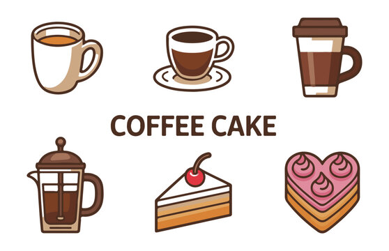 Coffee and cake icons, cup, french press, slice of cake with cherry, heart cake