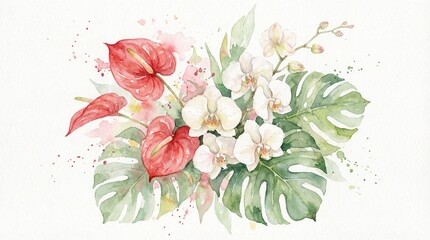 Vibrant Watercolor Arrangement Featuring Tropical Anthurium and Orchid Flowers with Lush Green Monstera Leaves and Artistic Splashes