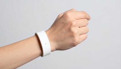 Person Wearing White Smart Band on Wrist with Water Droplets on Skin and Light Gray Background